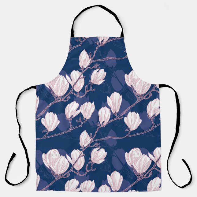 Magnolia Elegance: Navy Spring Bloom Apron (Front)