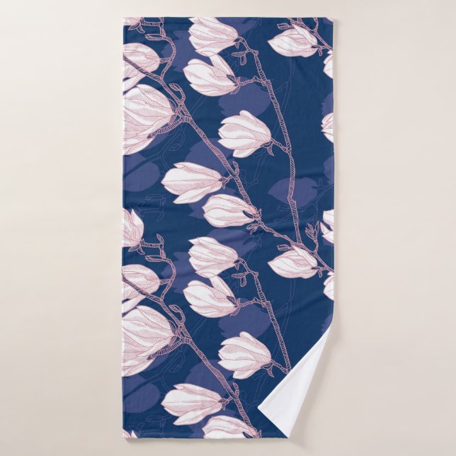 Magnolia Elegance: Navy Spring Bloom Bath Towel (Bath Towel)