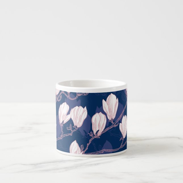 Magnolia Elegance: Navy Spring Bloom Espresso Cup (Front)