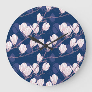 Magnolia Elegance: Navy Spring Bloom Large Clock