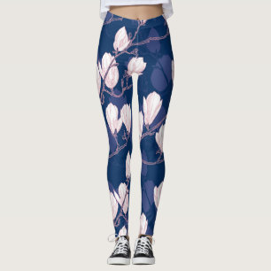 Magnolia Elegance: Navy Spring Bloom Leggings