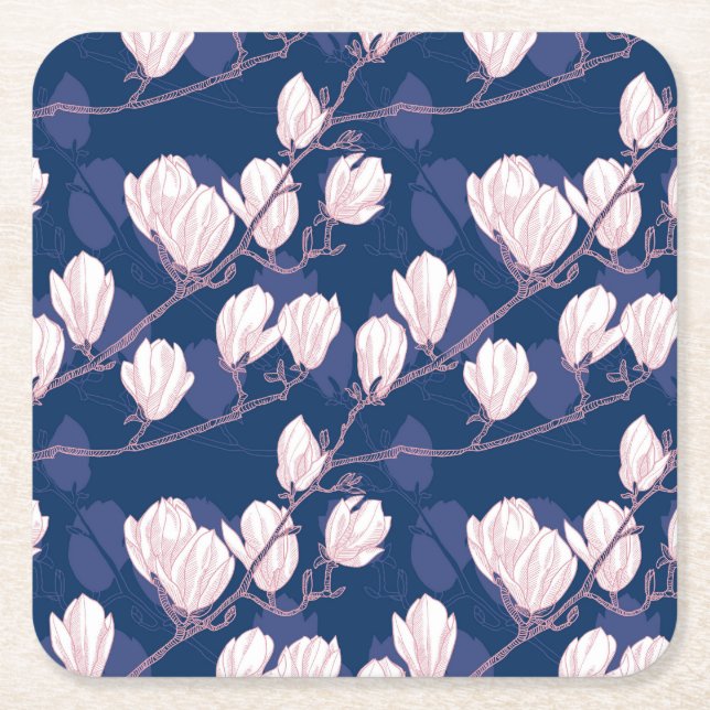 Magnolia Elegance: Navy Spring Bloom Square Paper Coaster (Front)