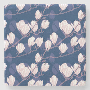Magnolia Elegance: Navy Spring Bloom Stone Coaster
