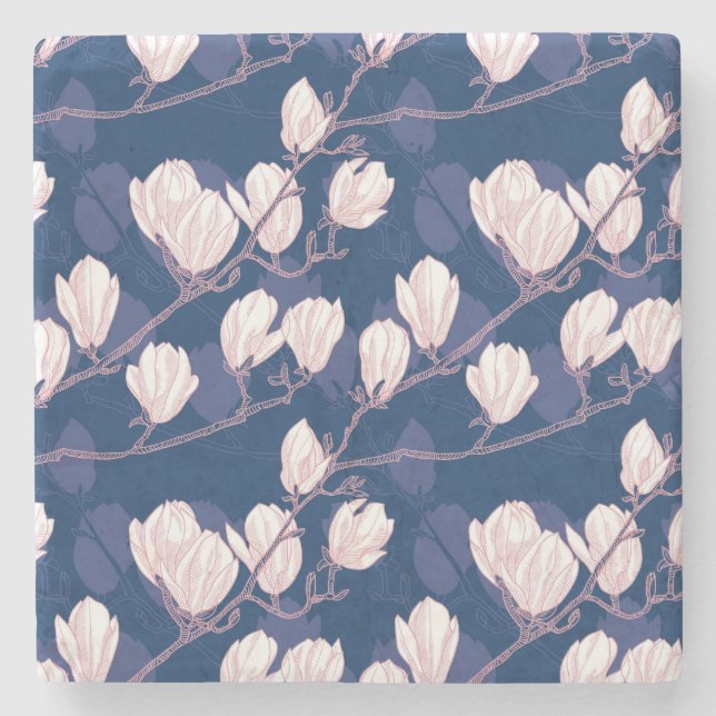 Magnolia Elegance: Navy Spring Bloom Stone Coaster (Front)