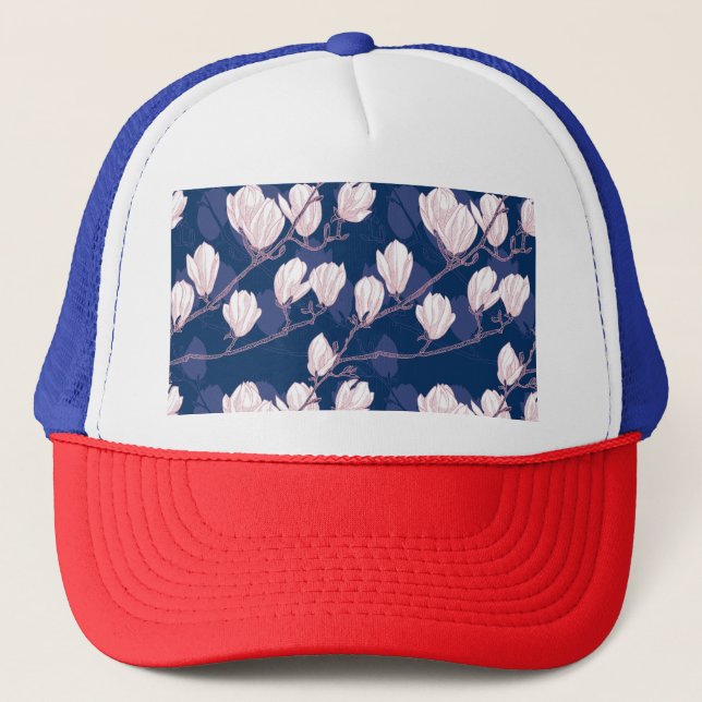 Magnolia Elegance: Navy Spring Bloom Trucker Hat (Front)