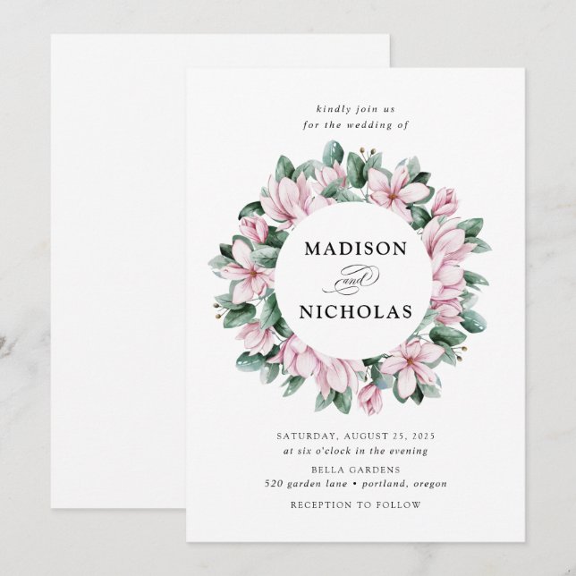 Magnolia & Eucalyptus | Floral Wreath Wedding Invitation (Front/Back)