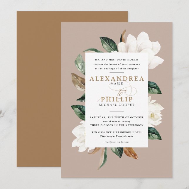 Magnolia Faire-part de mariage | Brun roux (Devant / Derrière)