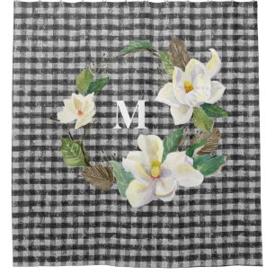 Magnolia Floral Black and White Check w Monogram