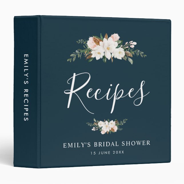 magnolia Floral blue bridal shower recipe book Binder (Front/Spine)