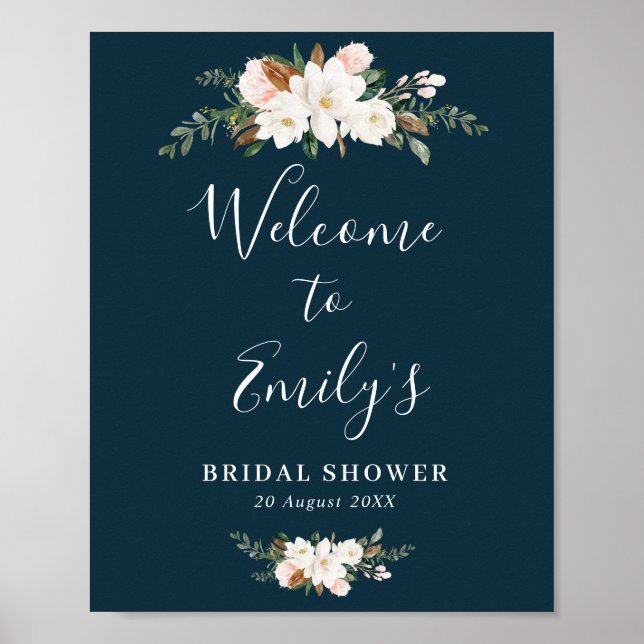 magnolia floral blue bridal shower welcome sign (Front)