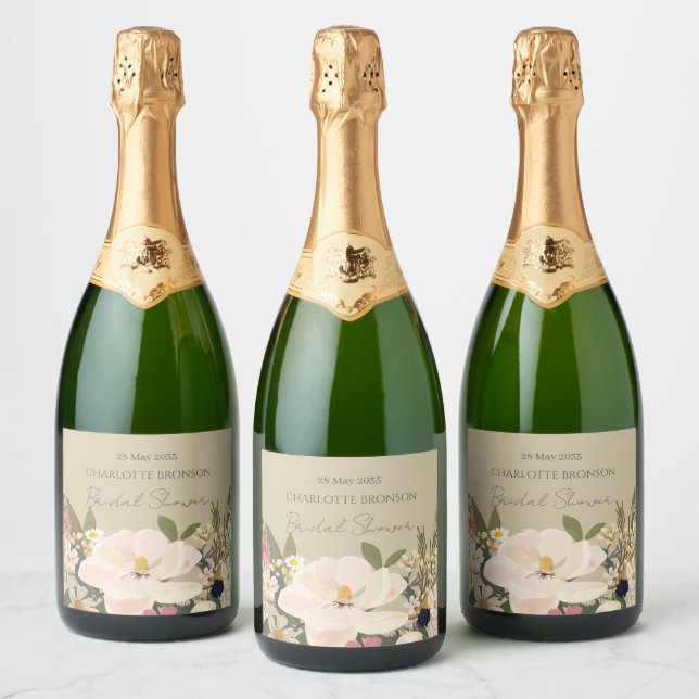Magnolia Floral Bouquet Bridal Shower Sparkling Wine Label (Bottles)