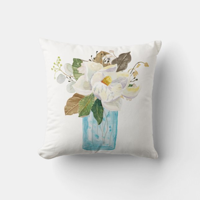 Magnolia Floral Bouquet Foliage Blue Glass Vase Throw Pillow (Front)