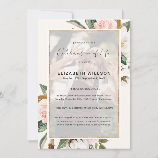 Magnolia Floral Celebration of Life Funeral Photo  Invitation (Front)