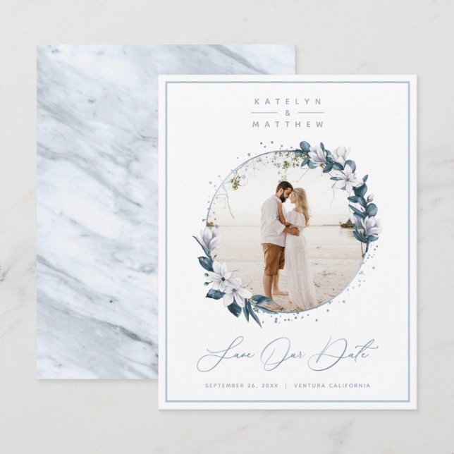 Magnolia Floral & Dusty Blue Circle Framed Photo Save The Date (Front/Back)