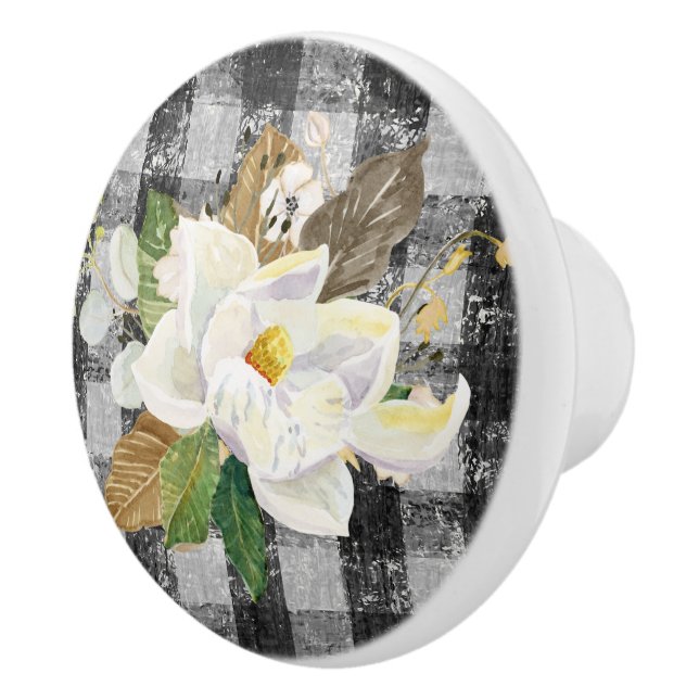 Magnolia Floral Farmhouse Rustic Black White Check Ceramic Knob (Right)