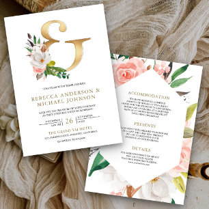 Magnolia Floral Gold Ampersand All in One Wedding Invitation