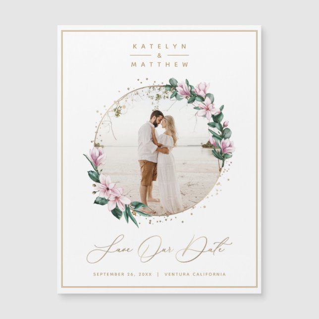Magnolia Floral Gold Circle Photo Save the Date (Front)
