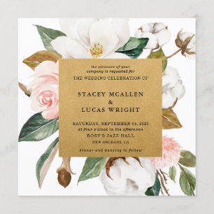 Magnolia Floral Gold Invitations