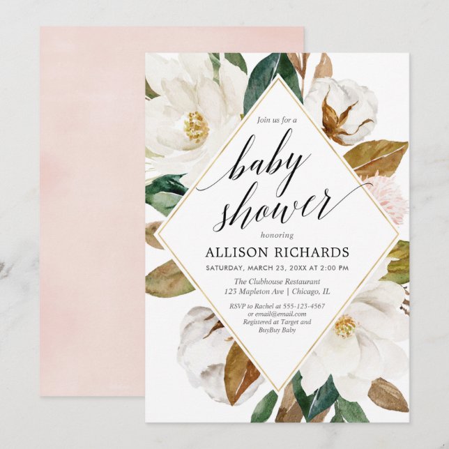 Magnolia floral greenery rustic girl baby shower invitation (Front/Back)