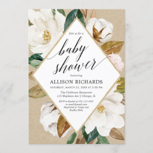 Magnolia floral greenery rustic kraft baby shower invitation