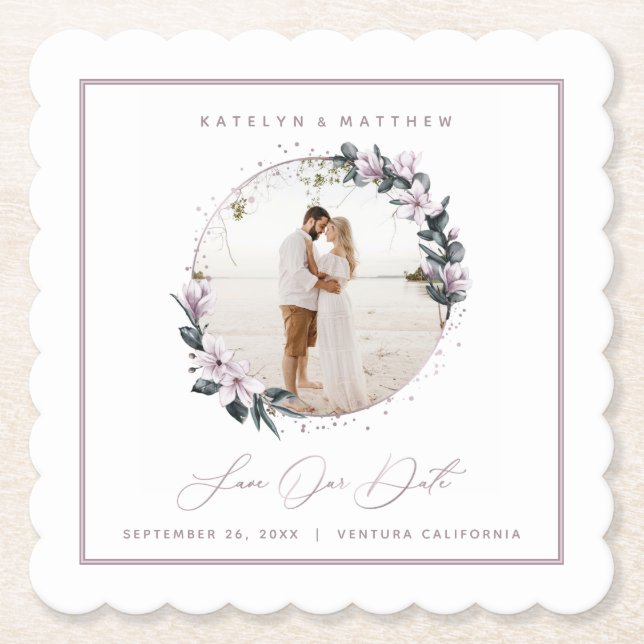 Magnolia Floral & Mauve Circle Photo Save The Date Paper Coaster (Front)