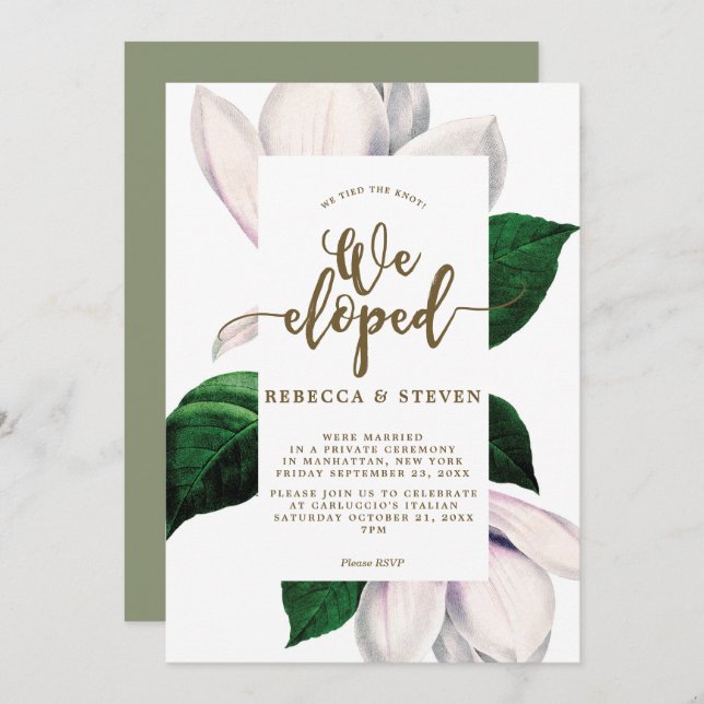 magnolia floral modern we eloped invitation (Front/Back)