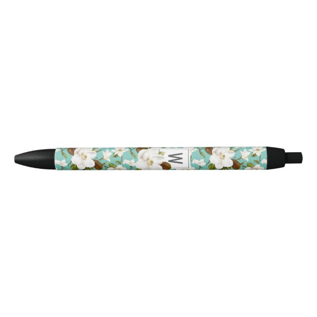 Magnolia Floral Monogram Black Ink Pen (Front)