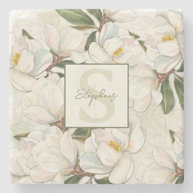 Magnolia Floral Monogram Stone Coaster (Front)
