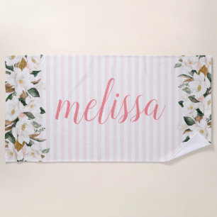 magnolia floral personalized script beach towel