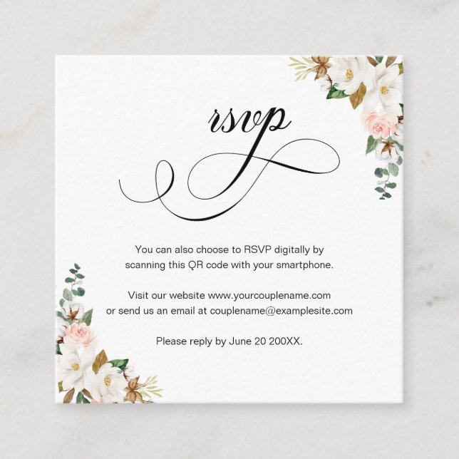 Magnolia Floral Script QR Code Mariage Carte RSVP (Devant)