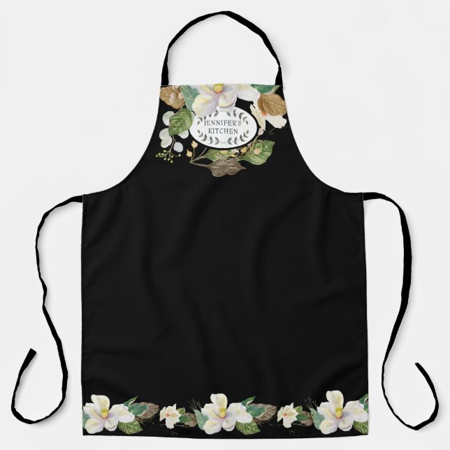 Magnolia Floral Watercolor Black n White Kitchen Apron (Front)