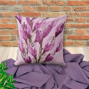 Magnolia Floral Watercolor Violet Throw Pillow