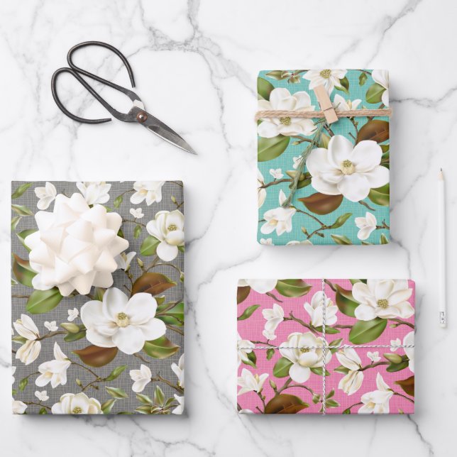 Magnolia Floral Wedding Wrapping Paper Sheet (Front)