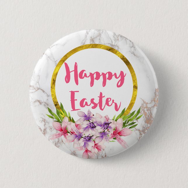 Magnolia Florals on White Marble Easter 2 Inch Round Button (Front)