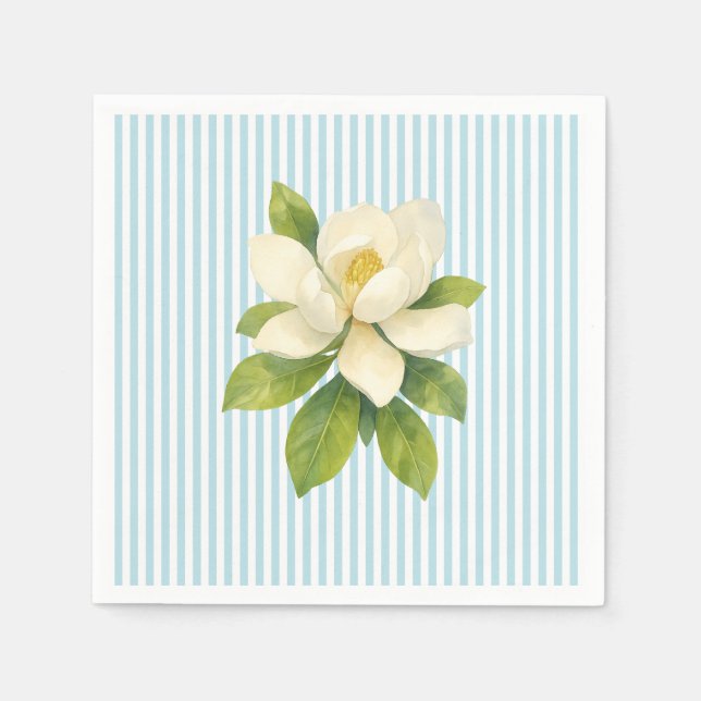 Magnolia Flower Custom Wedding Blue Stripe Napkin (Front)