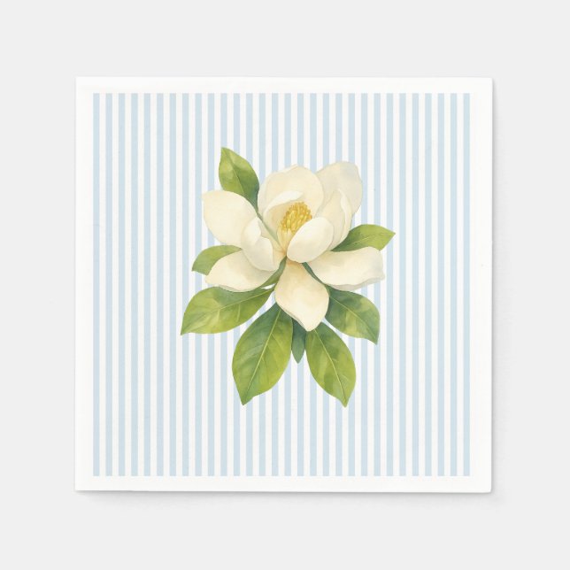 Magnolia Flower Custom Wedding Blue Stripe Napkin (Front)