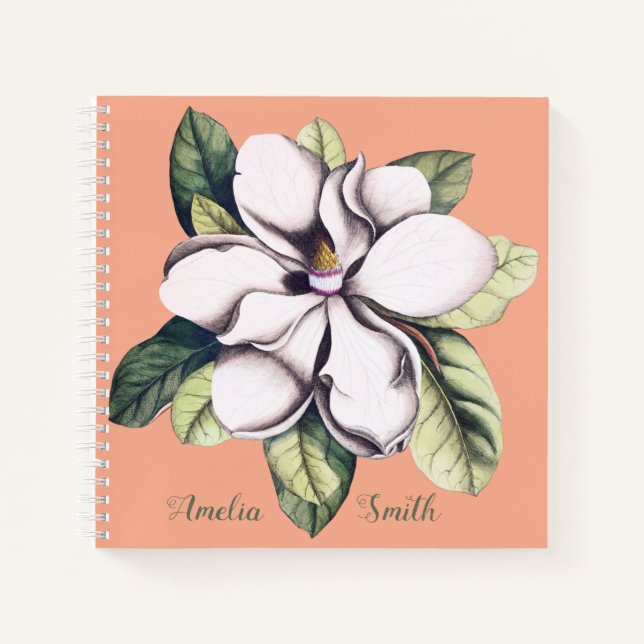 Magnolia Flower Monogram Name Notebook (Front)