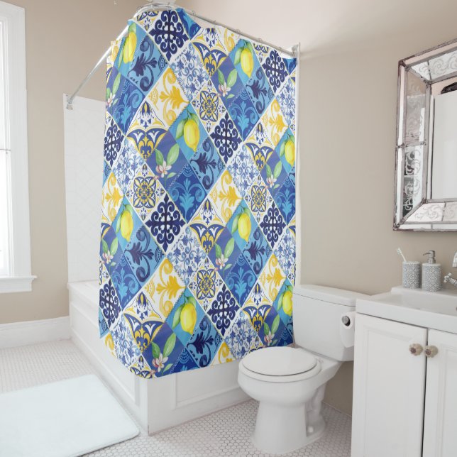Magnolia flower navy blue shower curtain (In Situ)