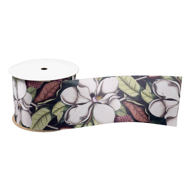Magnolia Flower Pattern Satin Ribbon (Spool)