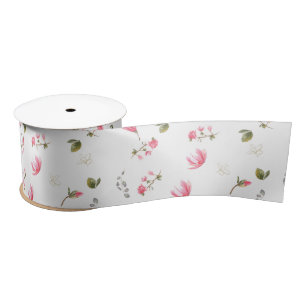 Magnolia flower ribbon, pink Magnolias on ribbon Satin Ribbon
