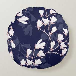 Magnolia flower seamless pattern with white flower round pillow