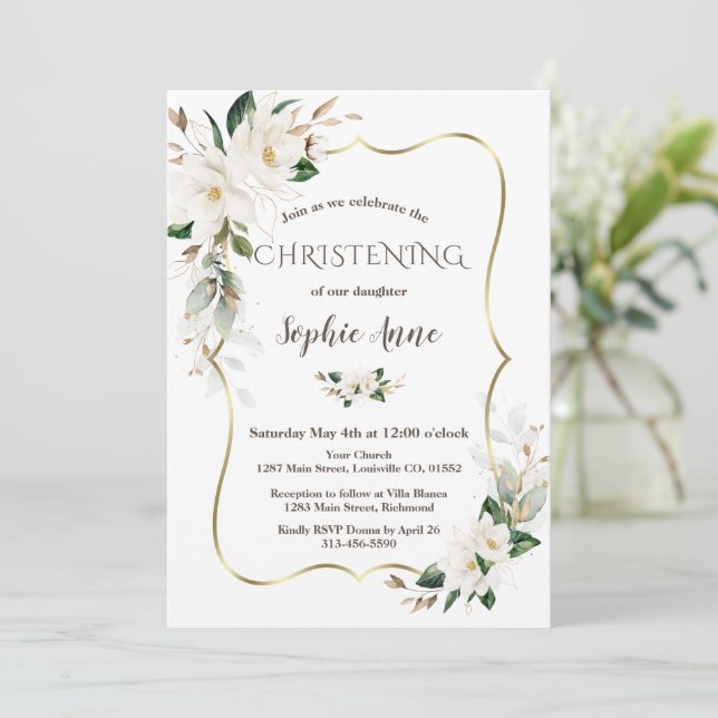  Magnolia Flowers Airy Greenery Gold Christening Invitation (Standing Front)