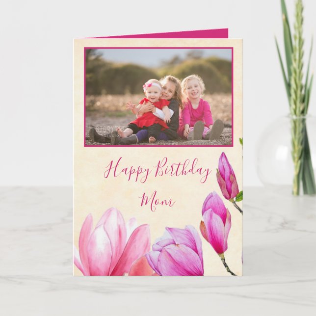 Magnolia Flowers Happy Birthday Mom Photo Card (Front)