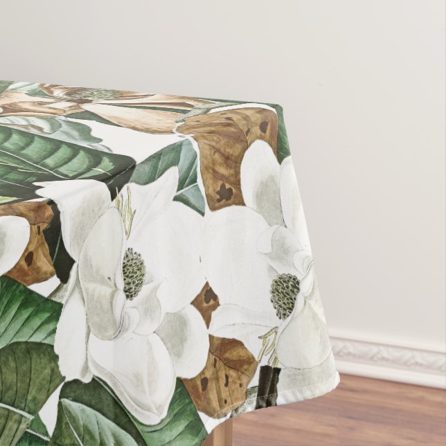 Magnolia Flowers White & Gold Floral Tablecloth (In Situ)