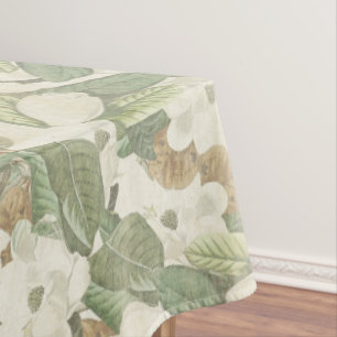 Magnolia Flowers White & Gold Floral Tablecloth