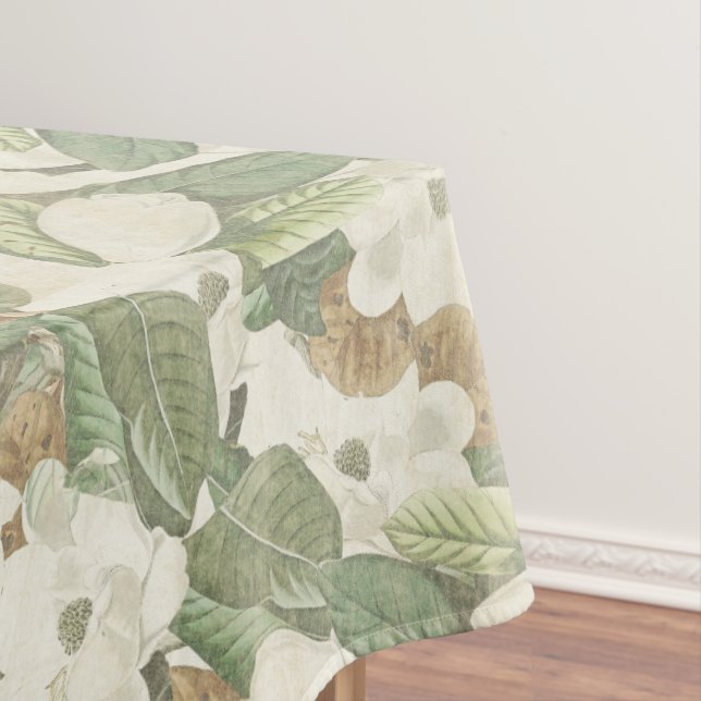 Magnolia Flowers White & Gold Floral Tablecloth (In Situ)