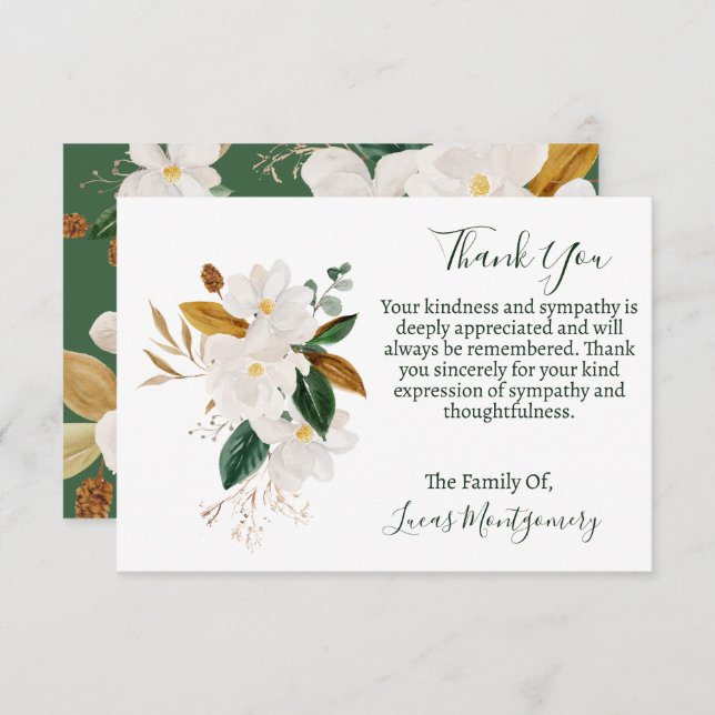 Magnolia Funeral Thank You, Sympathy   Card (Front/Back)