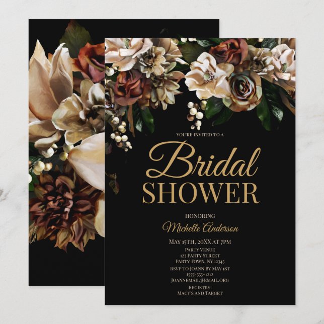 Magnolia Gold and Black Floral Bridal Shower Invitation (Front/Back)