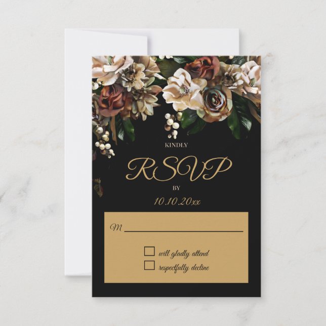 Magnolia Gold and Black Floral RSVP Card (Front)