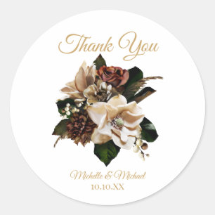 Magnolia Gold and Black Floral Thank You  Classic Round Sticker